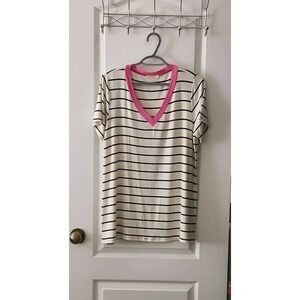 Adora Women's Striped Tee V-Neck Short Sleeve White Cream Black Pink Top Rayon M